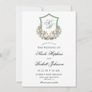 Dusty Blue Floral Crest Wedding Invitation