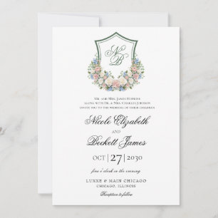 Dusty Blue Floral Crest Wedding Invitation