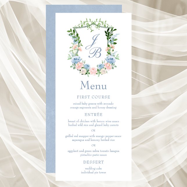Dusty Blue Floral Crest Wedding Menu (Creator Uploaded)