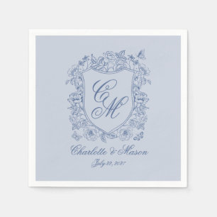 Dusty Blue Floral Crest Wedding Monogram Napkin