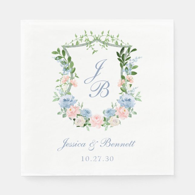 Dusty Blue Floral Crest Wedding Napkin (Front)