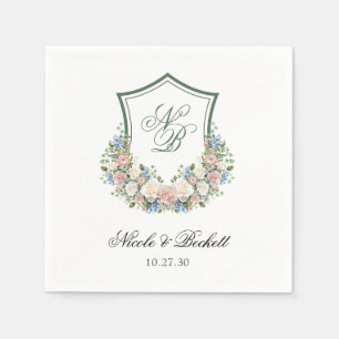 Dusty Blue Floral Crest Wedding Napkin