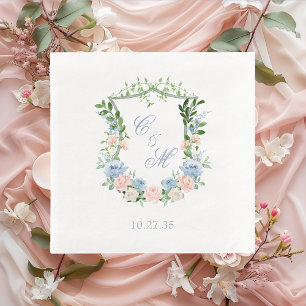 Dusty Blue Floral Crest Wedding Napkin