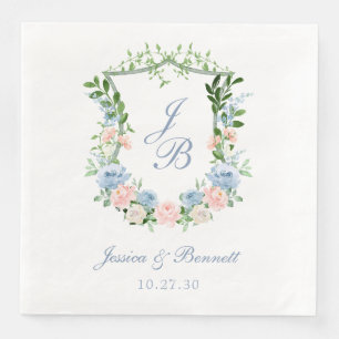 Dusty Blue Floral Crest Wedding Napkin