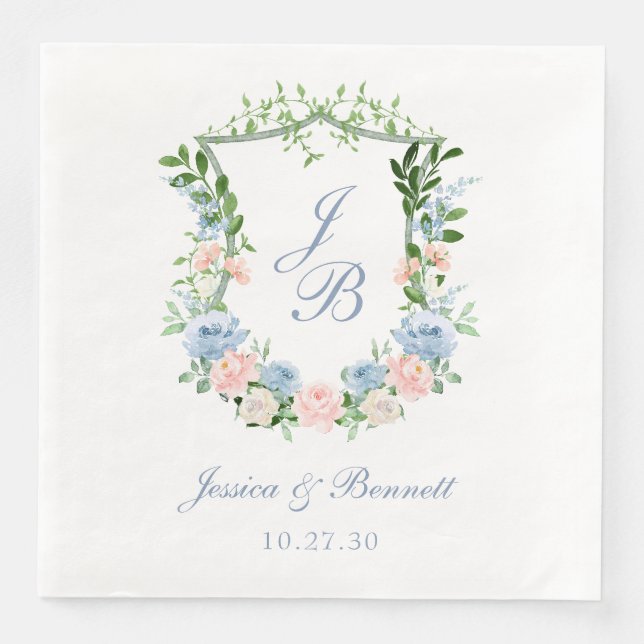 Dusty Blue Floral Crest Wedding Napkin (Front)