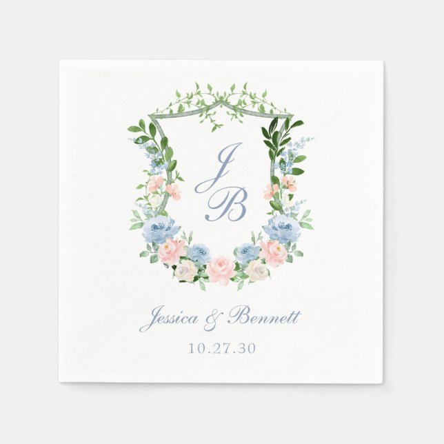 Dusty Blue Floral Crest Wedding Napkins (Front)
