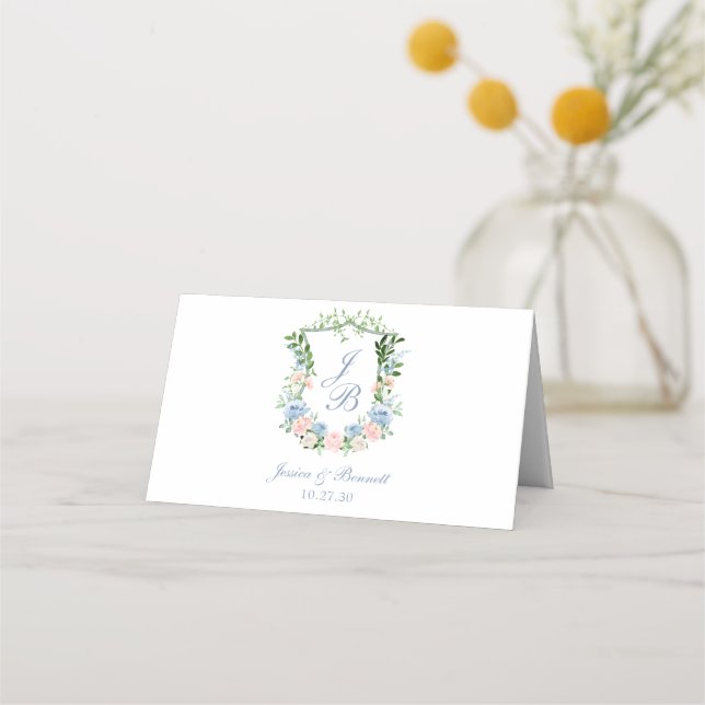 Dusty Blue Floral Crest Wedding Place Card (Back)
