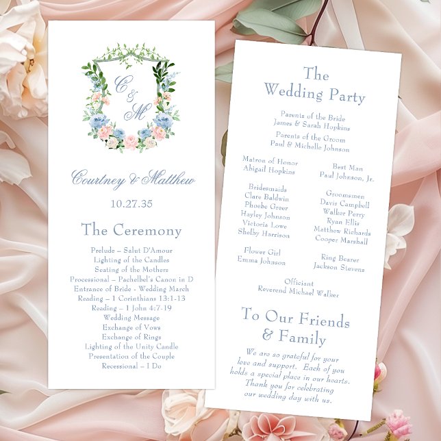 Dusty Blue Floral Crest Wedding Programme (Creator Uploaded)