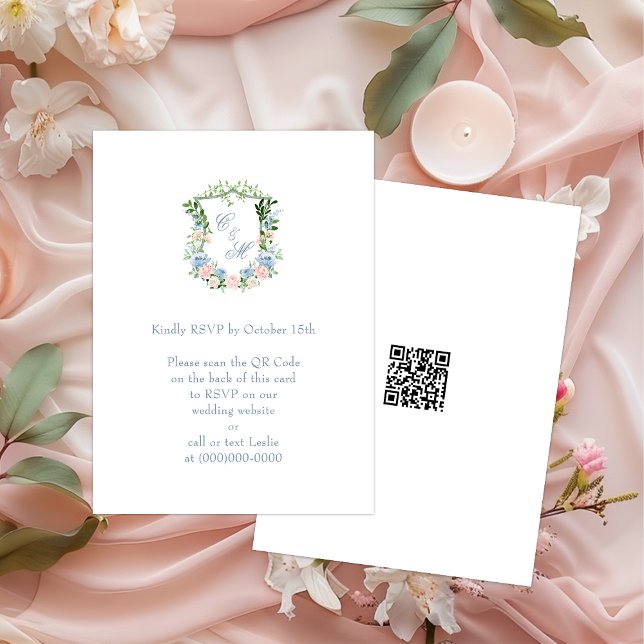 Dusty Blue Floral Crest Wedding QR Code RSVP Enclosure Card (Creator Uploaded)