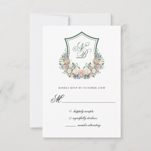 Dusty Blue Floral Crest Wedding Response Card (Front)