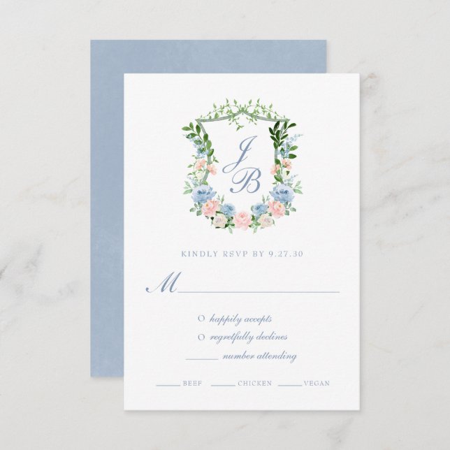 Dusty Blue Floral Crest Wedding Response Card (Front/Back)
