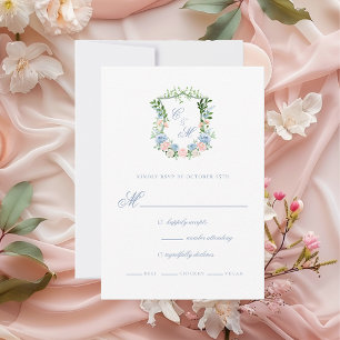 Dusty Blue Floral Crest Wedding RSVP Card