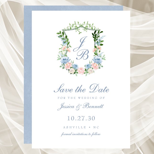 Dusty Blue Floral Crest Wedding Save The Date (Creator Uploaded)