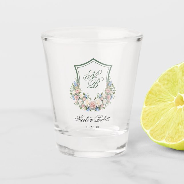Dusty Blue Floral Crest Wedding Shot Glass (Front)