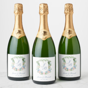 Dusty Blue Floral Crest Wedding Sparkling Wine Label