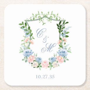 Dusty Blue Floral Crest Wedding Square Paper Coaster