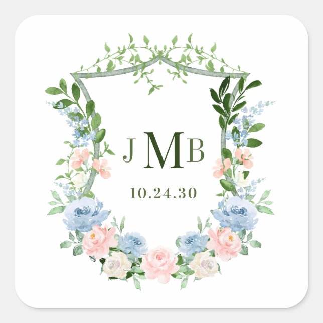 Dusty Blue Floral Crest Wedding Square Sticker (Front)