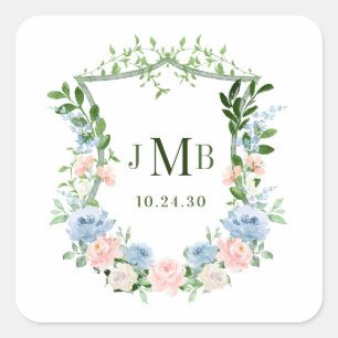 Dusty Blue Floral Crest Wedding Square Sticker