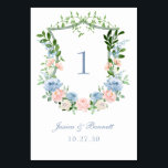 Dusty Blue Floral Crest Wedding Table Number<br><div class="desc">These beautiful monogrammed watercolor dusty blue floral crest wedding table number cards are perfect for your wedding reception! The dusty blue, blush and white roses are elegant and romantic. Put them on every table at your venue so guests can find the table they have been assigned for the party. It...</div>