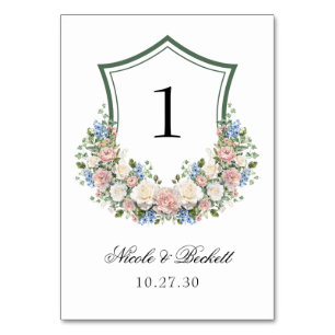 Dusty Blue Floral Crest Wedding Table Number