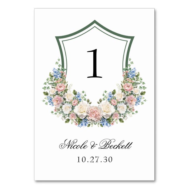 Dusty Blue Floral Crest Wedding Table Number (Front)