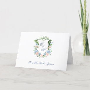 Dusty Blue Floral Crest Wedding Thank You Card