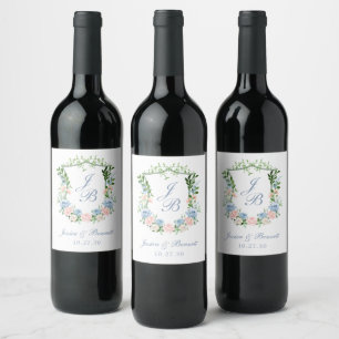 Dusty Blue Floral Crest Wedding Wine Label