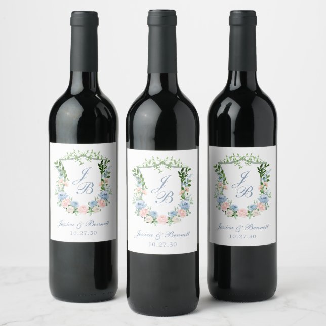 Dusty Blue Floral Crest Wedding Wine Label (Bottles)