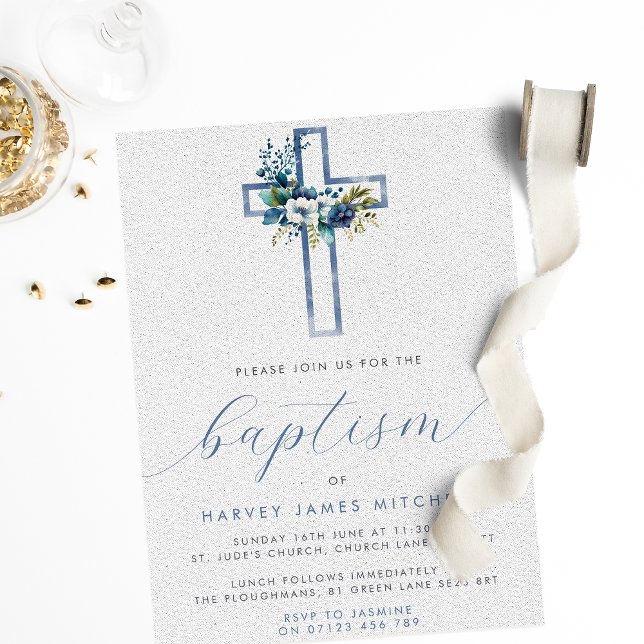 Dusty Blue Floral Cross Baby Baptism Invitation (Creator Uploaded)