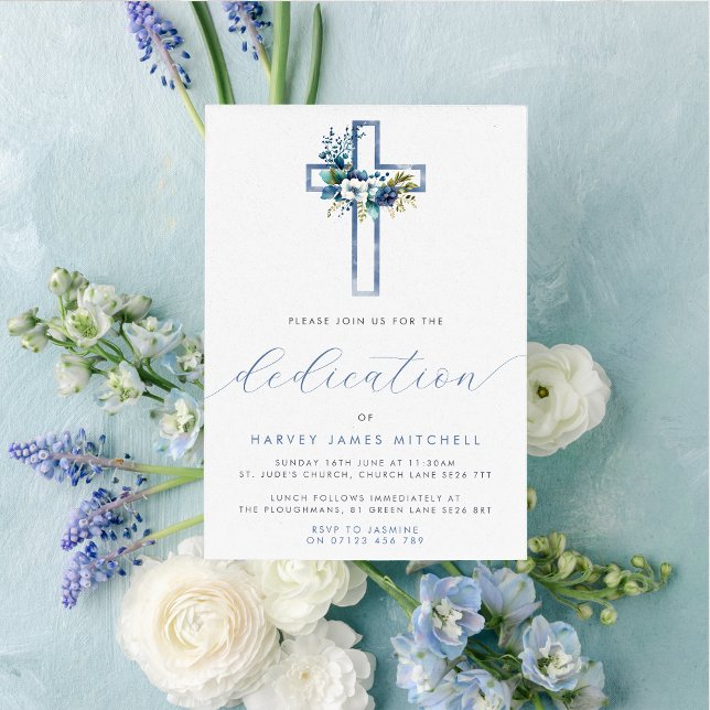 Dusty Blue Floral Cross Baby Dedication Invitation (Creator Uploaded)