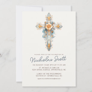 Dusty Blue Floral Cross Baptism Invitation