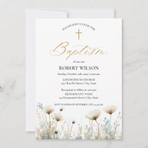 Dusty Blue Floral Cross Boy Christening Baptism Invitation