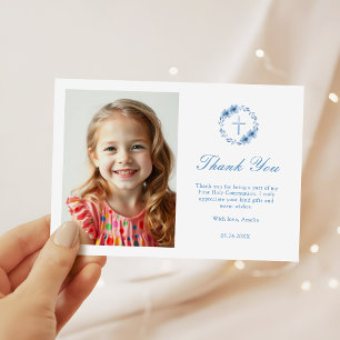 Dusty Blue Floral Cross Girls First Communion Thank You Card