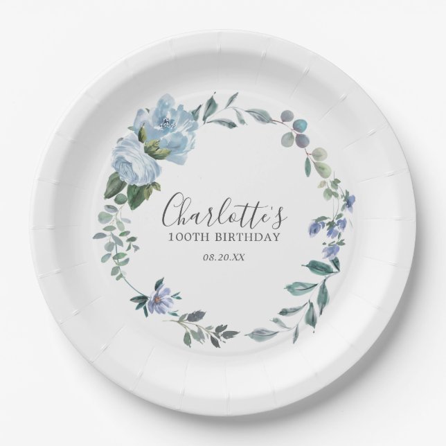  Dusty Blue Floral Custom 100th Birthday Custom Paper Plate (Front)