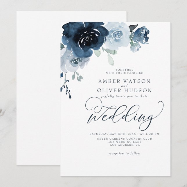 Dusty Blue Floral Dark Navy Pastel Boho Wedding Invitation (Front/Back)
