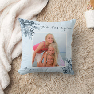 Dusty Blue Floral Design Mum Photo Pillow