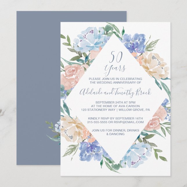 Dusty Blue Floral Diamond 50th Wedding Anniversary Invitation (Front/Back)