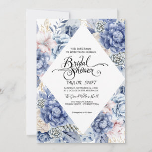 Dusty Blue Floral Diamond Bridal Shower Invitation