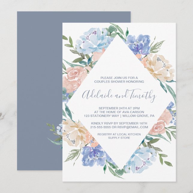 Dusty Blue Floral Diamond Couples Shower Invitation (Front/Back)