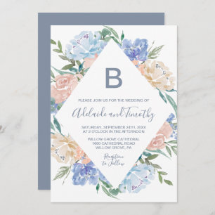 Dusty Blue Floral Diamond Monogram The Wedding Of Invitation