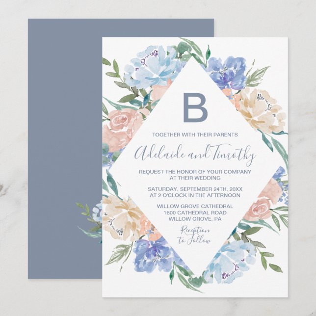 Dusty Blue Floral Diamond Monogram Wedding Invitation (Front/Back)