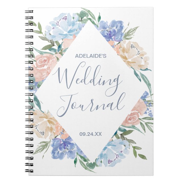 Dusty Blue Floral Diamond Wedding Planner Notebook (Front)