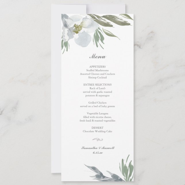 Dusty Blue Floral Dinner Menu Invitation (Front)