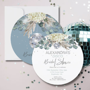 Dusty Blue Floral Disco Ball Bridal Shower Round Invitation
