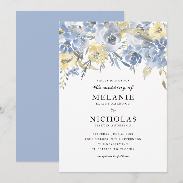 Dusty Blue Floral Drop Wedding Invitation (Front/Back)