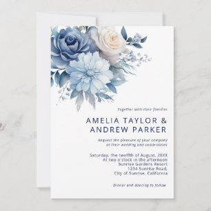 Dusty Blue Floral Dusty Rose Blush Pink Wedding  Invitation