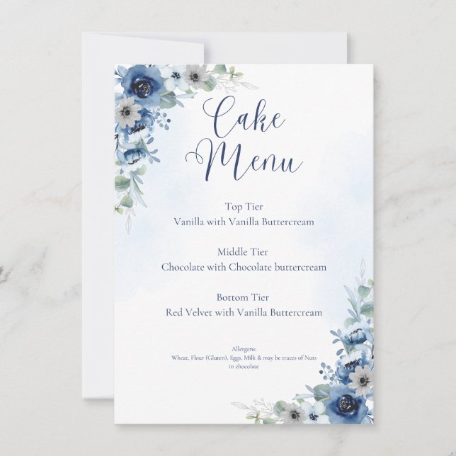 Dusty Blue Floral Editable Wedding Cake Menu Sign (Front)