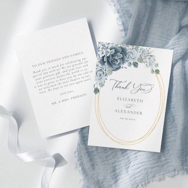 Dusty Blue Floral Elegant Botanical Wedding Thank You Card (Creator Uploaded)