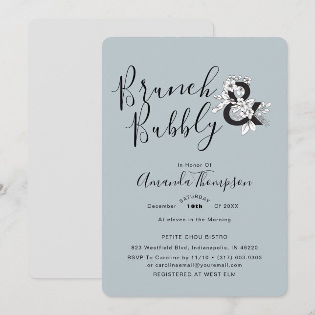 Dusty Blue Floral Elegant Bridal Shower Invitation (Front/Back)