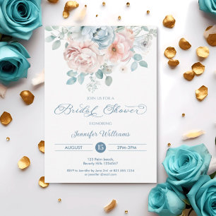 Dusty Blue Floral Elegant Bridal Shower Invitation